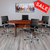Flash Furniture BLN-6GCCHR595M-BK-GG 5 Piece Cherry Oval Conference Table Set with 4 Black LeatherSoft Ribbed Executive Chairs